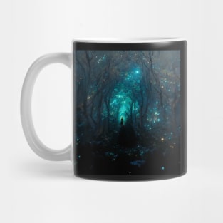 Black hooded witch in a forest with magical blue stars in the sky Mug